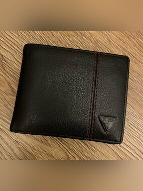 Guess Black Leather Bifold Wallet with Red Accent Stitching & Interior